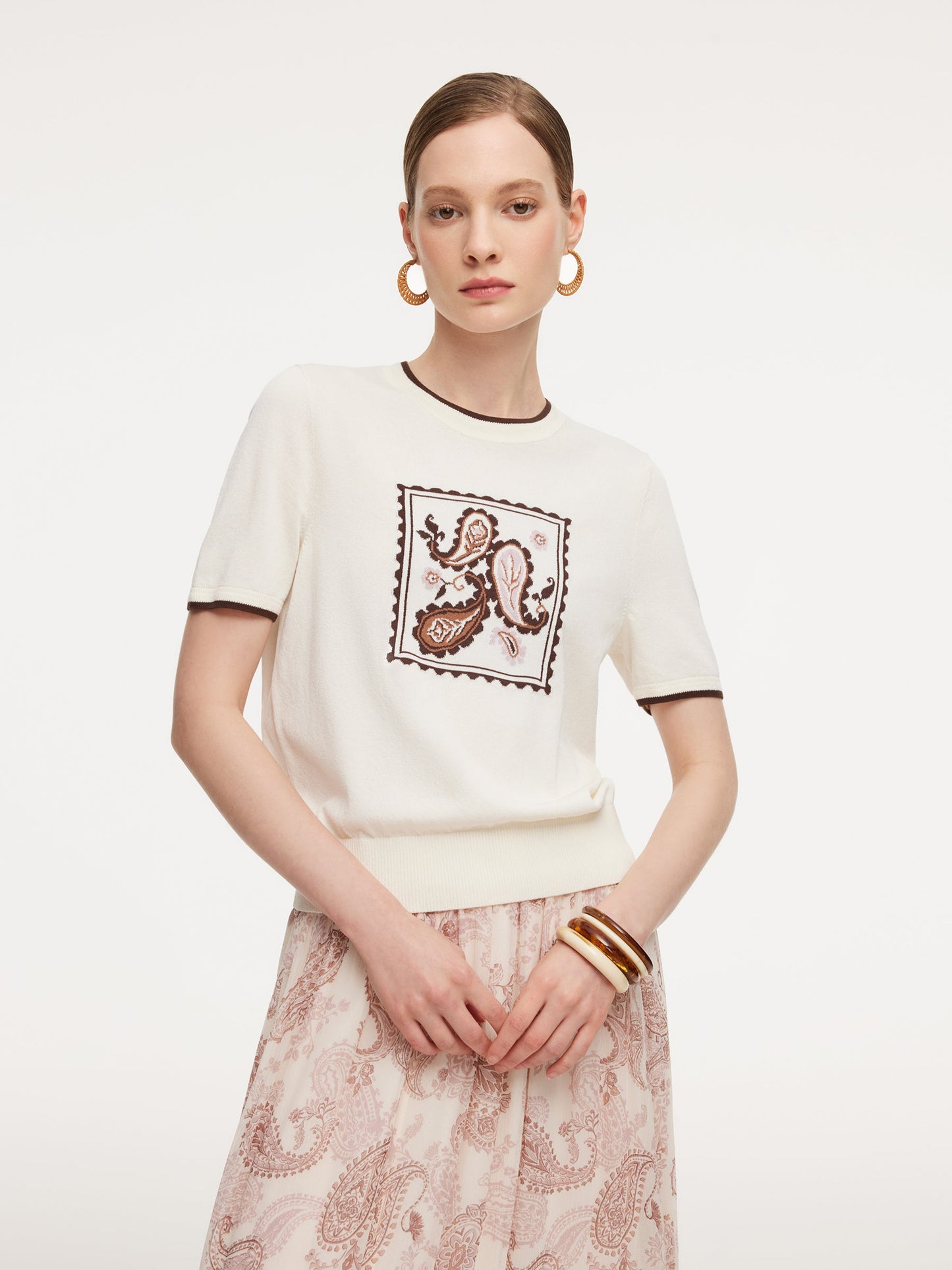 Lyocell Blend Contrast Trim Women Knit Top