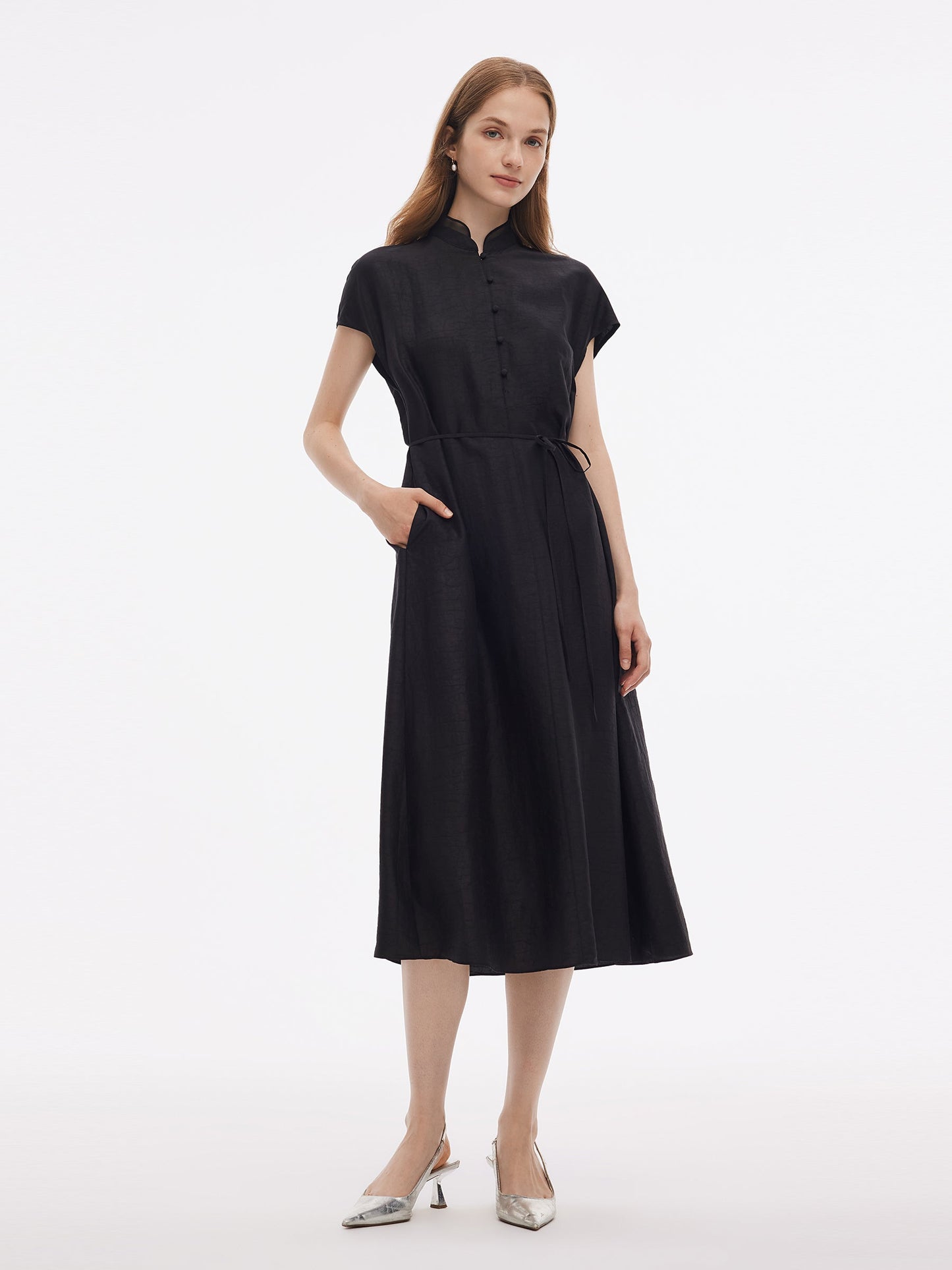 18MM Xiang Yun Silk A-Line Women Self-Tie Belt Midi Dress
