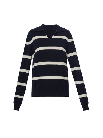 100% Wool Stripe Women Polo Sweater