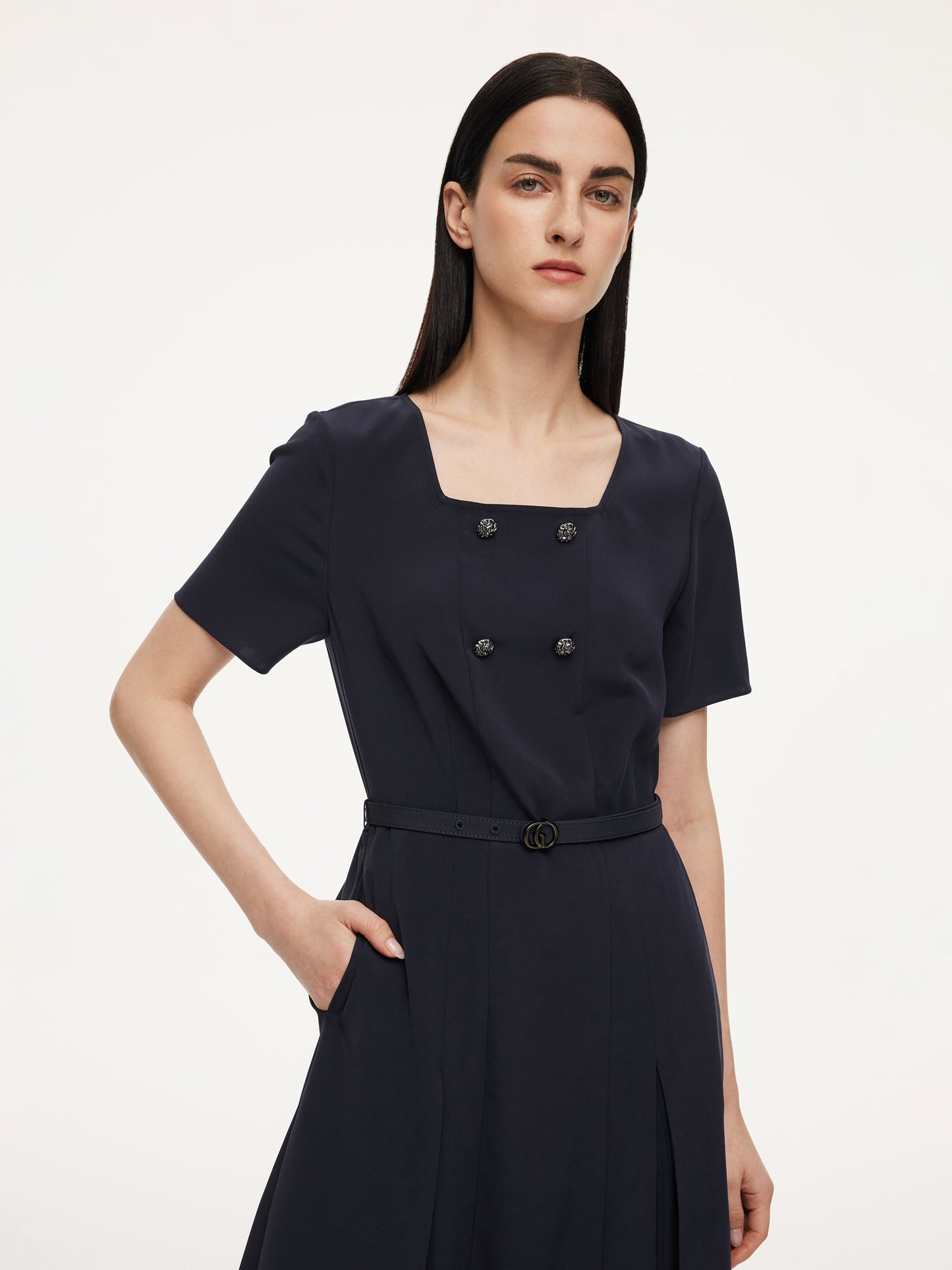 Triacetate Blend Square Neck Women Midi Dress With Belt