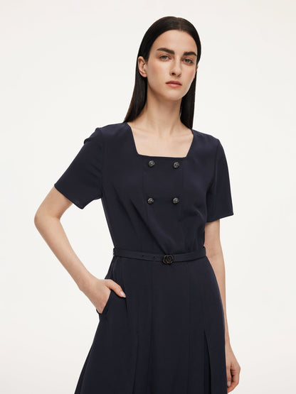 Triacetate Blend Square Neck Women Midi Dress With Belt