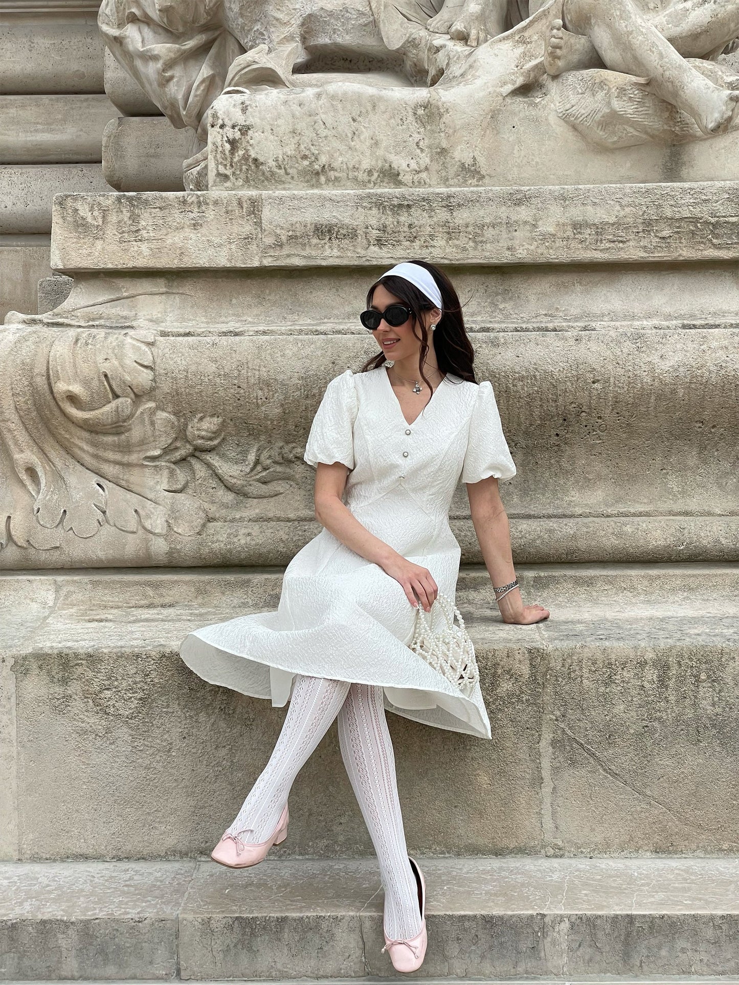 Jacquard Puff Sleeve Women Midi Dress