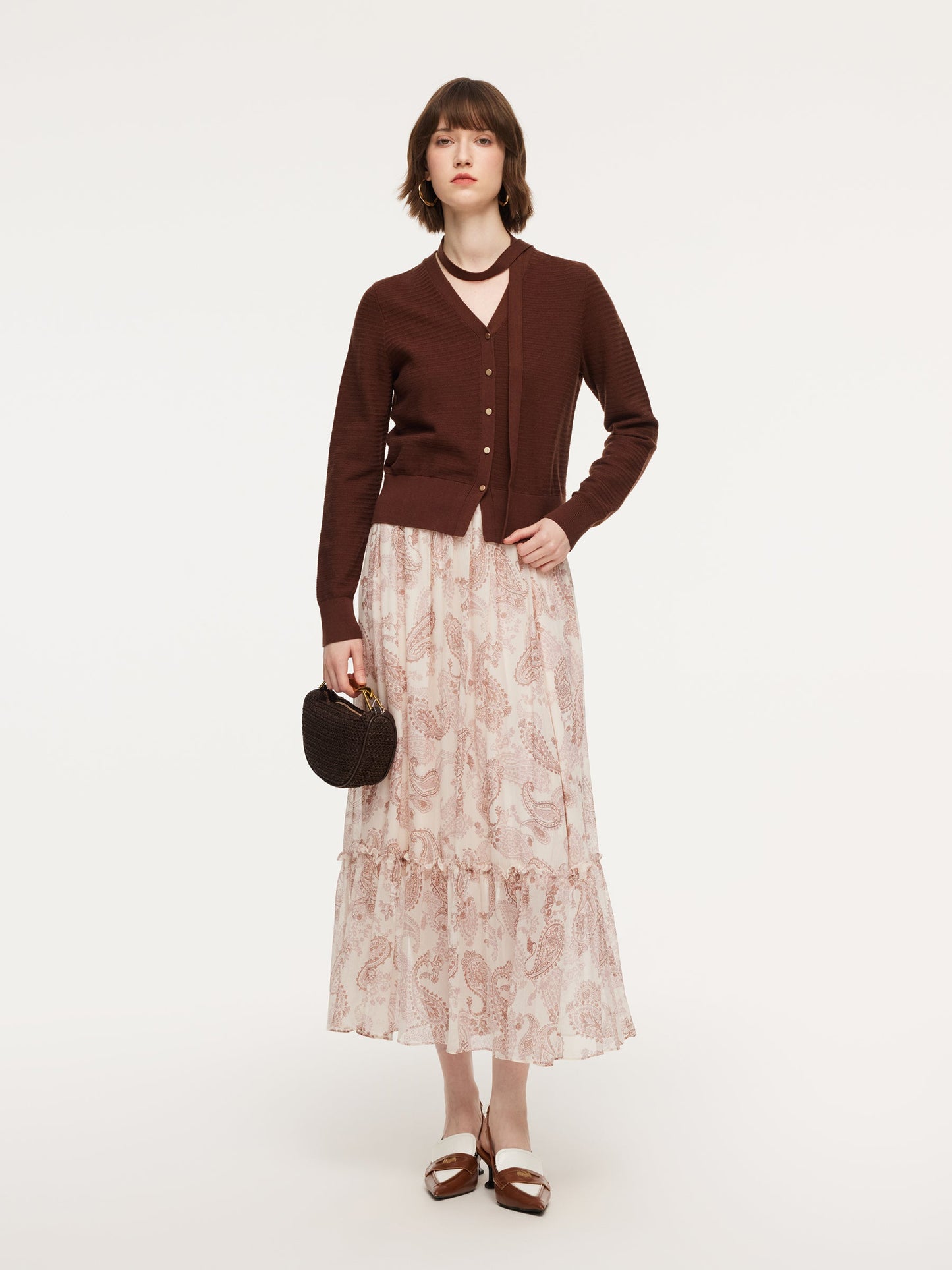 Tencel Wool Blend V-Neck Women Cardigan With Detachable Ribbon