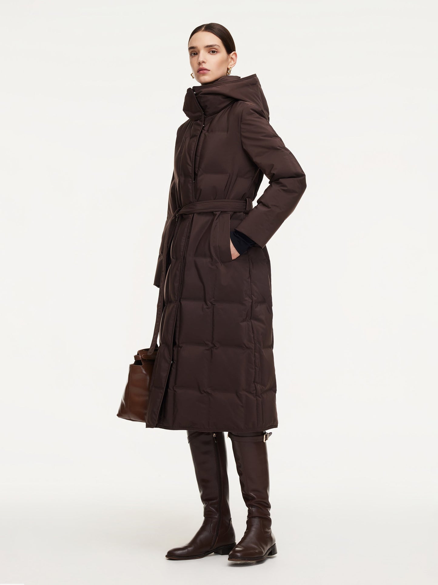 Quilted Hooded Goose Down Wrap Overcoat