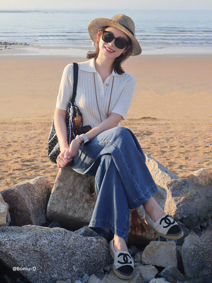 Tencel Blend Openwork Women Knit Polo Top