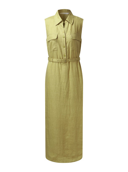 100% Linen Sleeveless Women Maxi Shirt Dress With Belt