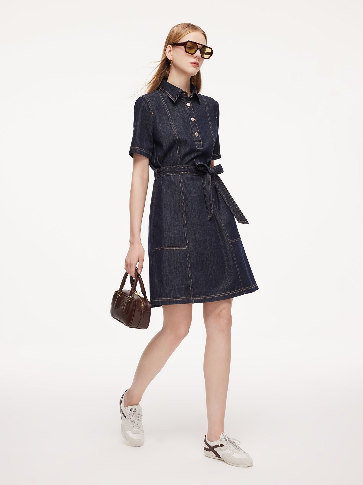 100% Cotton Denim Women A-Line Mini Shirt Dress With Self-Tie Belt
