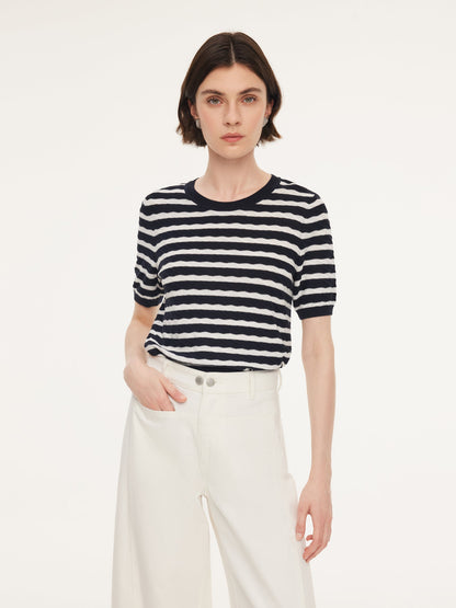 Lyocell Blend Stripe Round Neck Women Knit Top