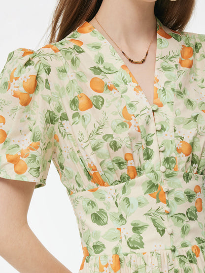 Cotton Gathered Waist Floral Print Women Maxi Dress