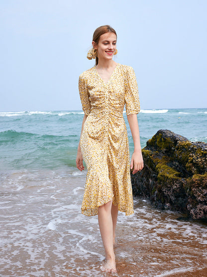 Pleated Fishtail Floral Midi Printed Dress