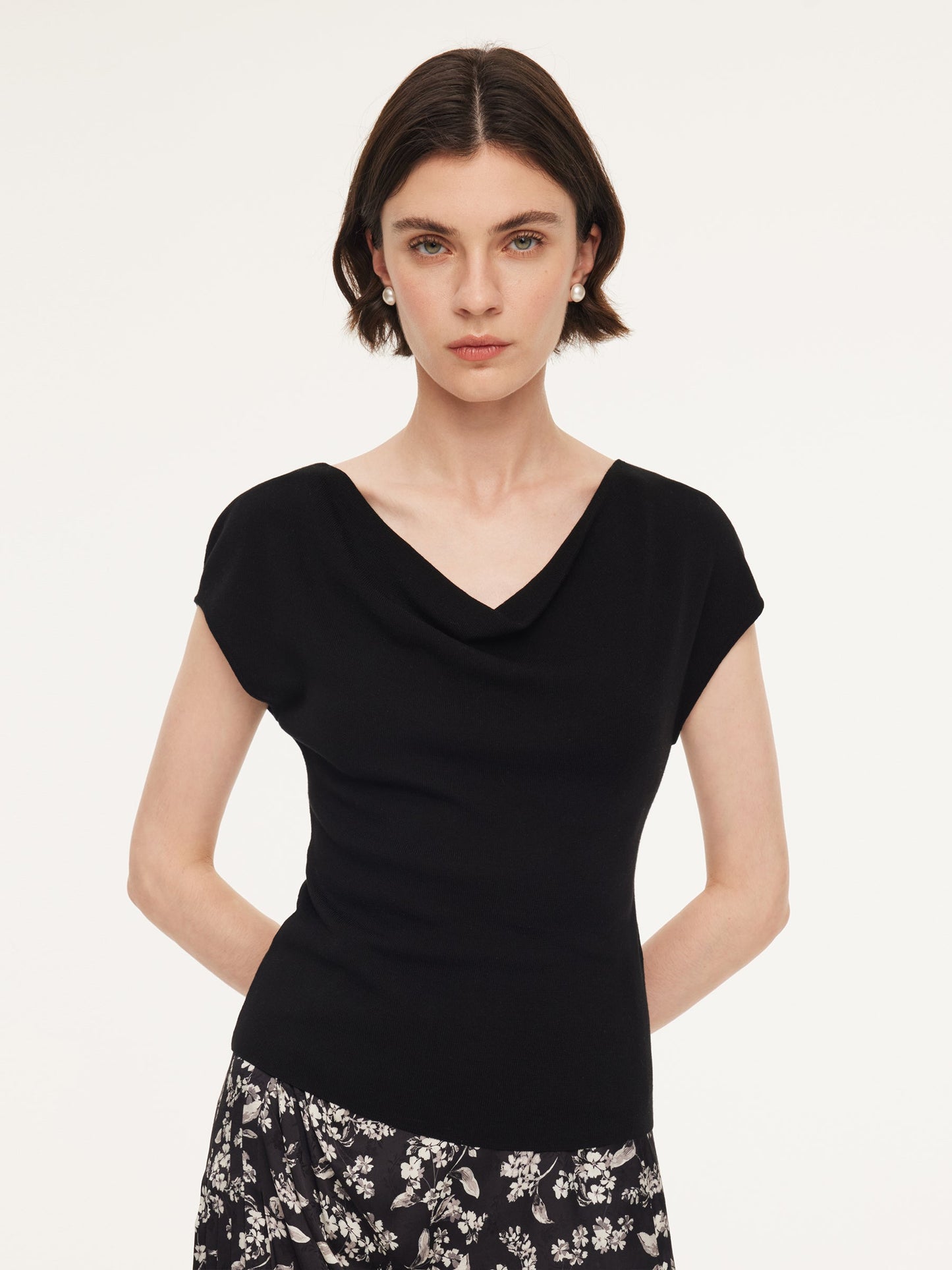 Tencel Mulberry Silk Cowl Neck Women Cap Sleeve Knit Top