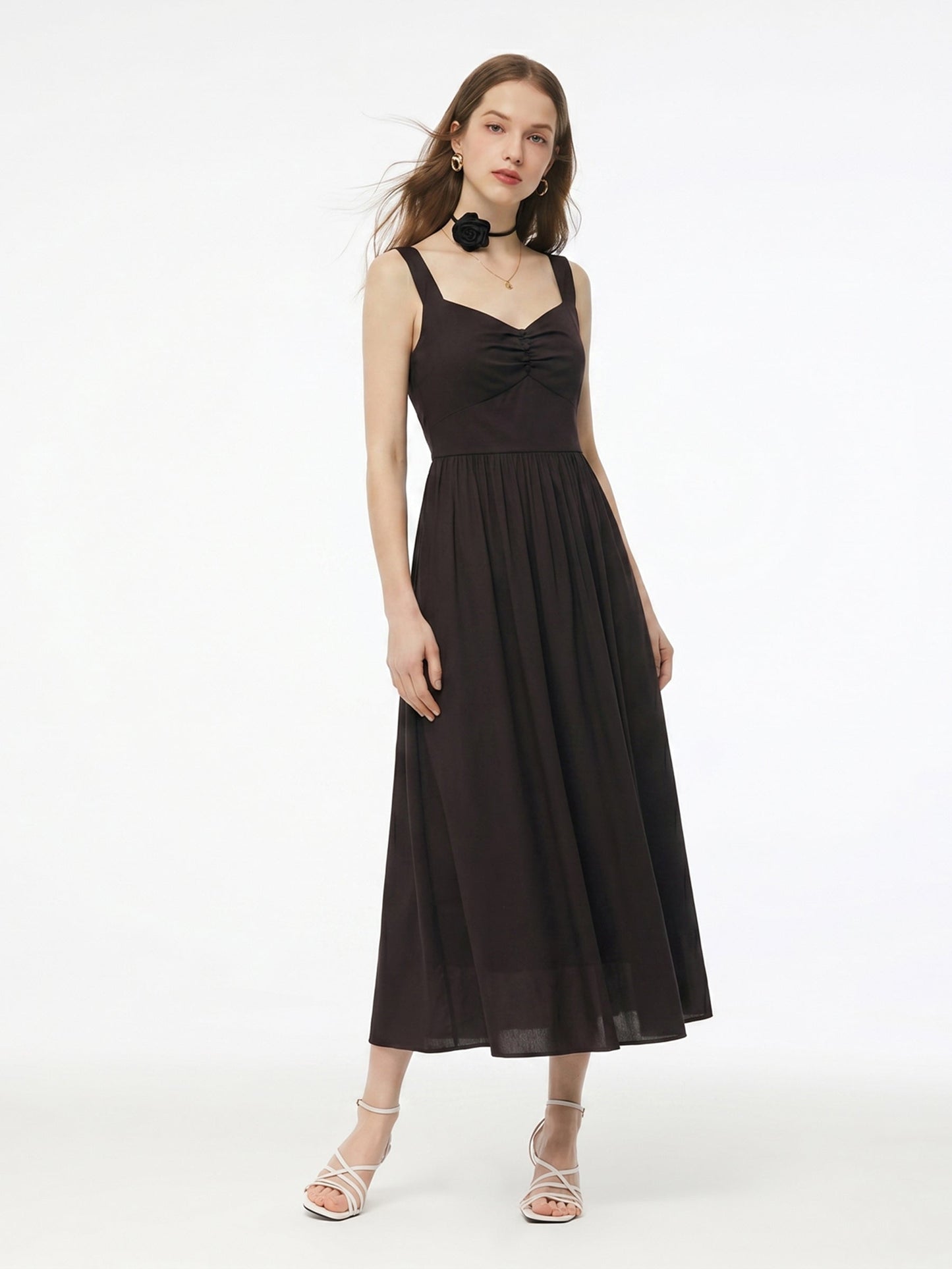 Cotton Sleeveless Women Maxi Dress With Detachable Chest Pads And Floral Choker