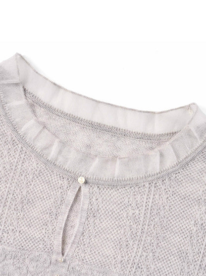Jacquard Cut Out Neckline Women Ruffle Knit Tank Top