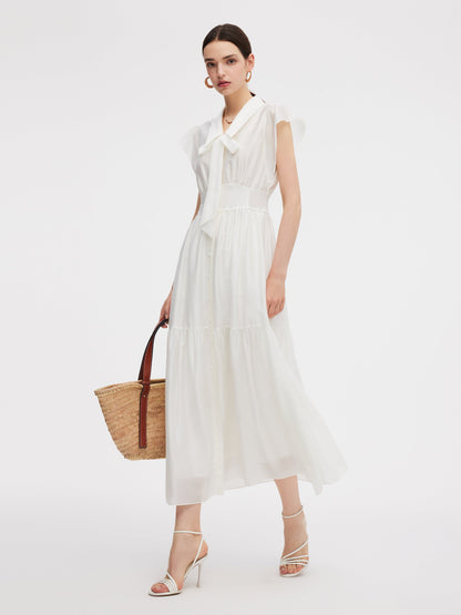 Tencel Blend Women Cap Sleeve Maxi Dress With Ribbon
