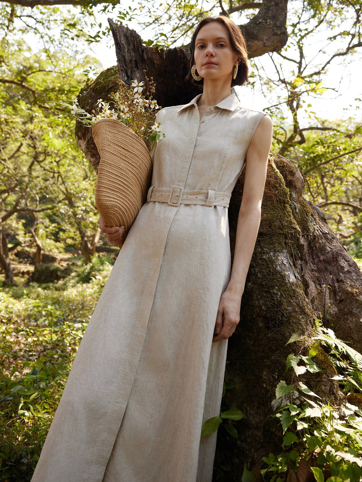 100% Linen Women Vest Maxi Shirt Dress With Belt