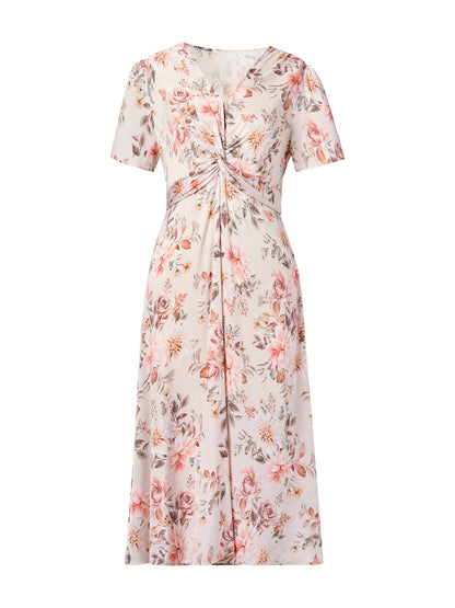 19MM Mulberry Silk Floral Print Twist Front Women Midi Dress