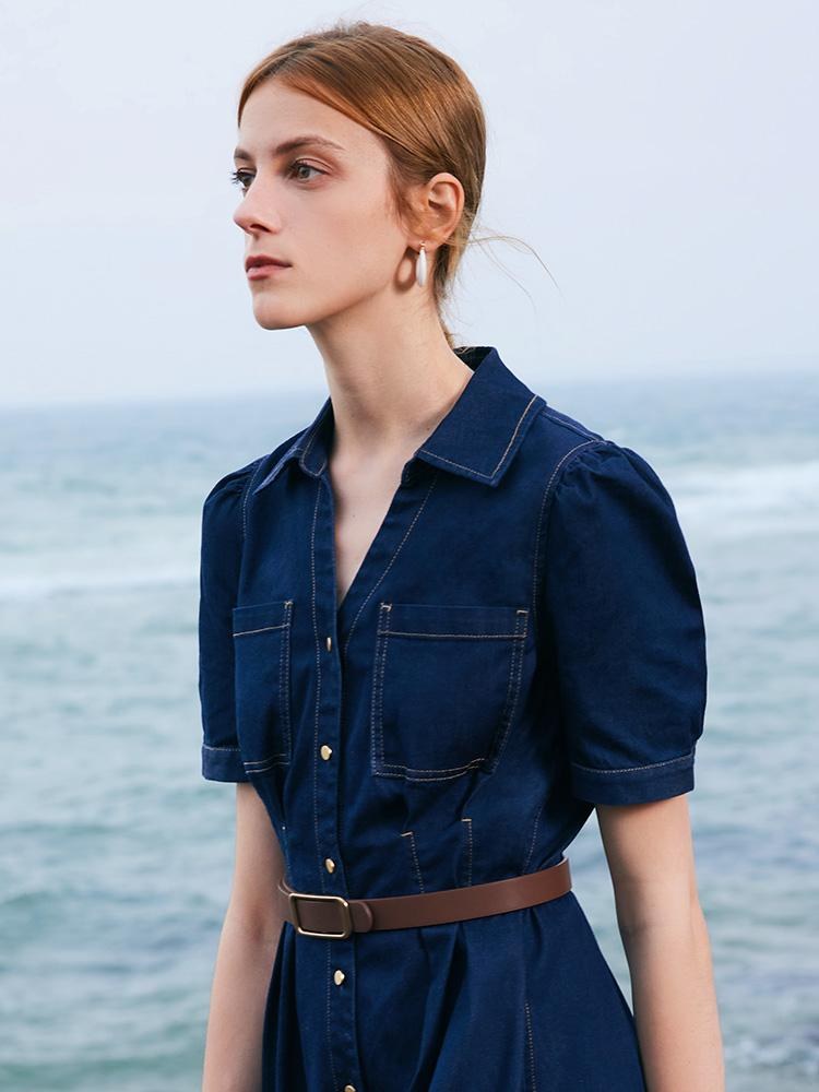 Gathered Waist Denim Mini Dress