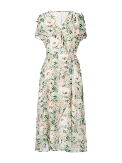 10MM Mulberry Silk Floral Print Ruffled Sleeve Women Wrap Maxi Dress