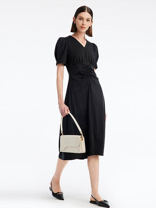 V-neck Pleated Midi Dress