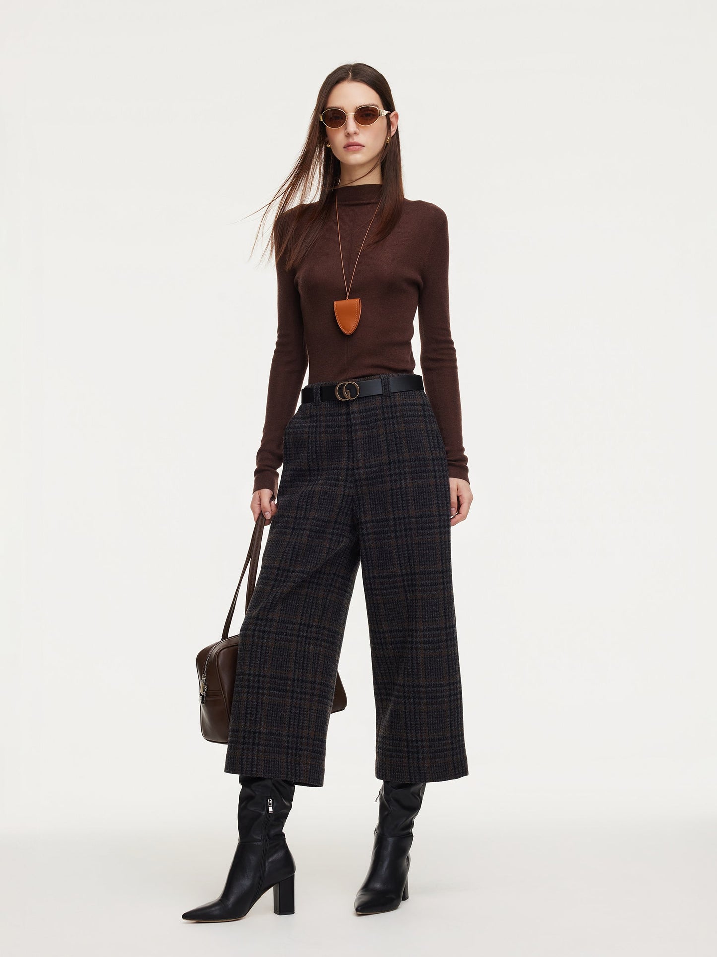 100% Wool Plaid Women Wide Leg Pants