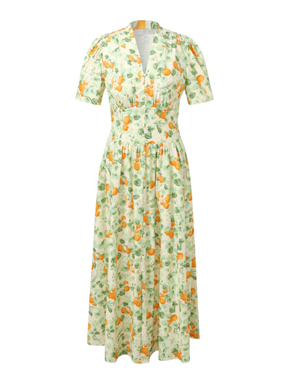 Cotton Gathered Waist Floral Print Women Maxi Dress