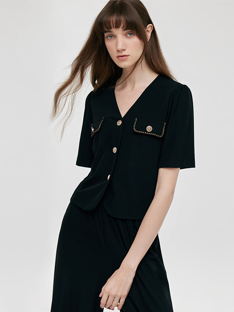 Pre-Order V-Neck Top And Straight Pants Two-Piece Set