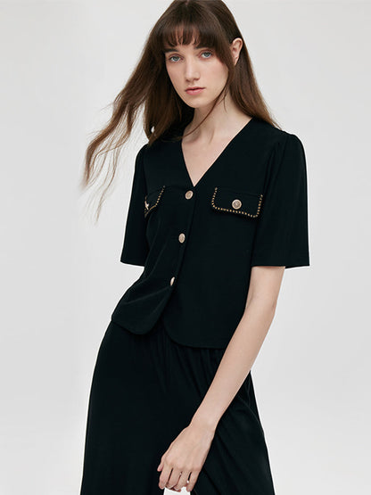 Pre-Order V-Neck Top And Straight Pants Two-Piece Set