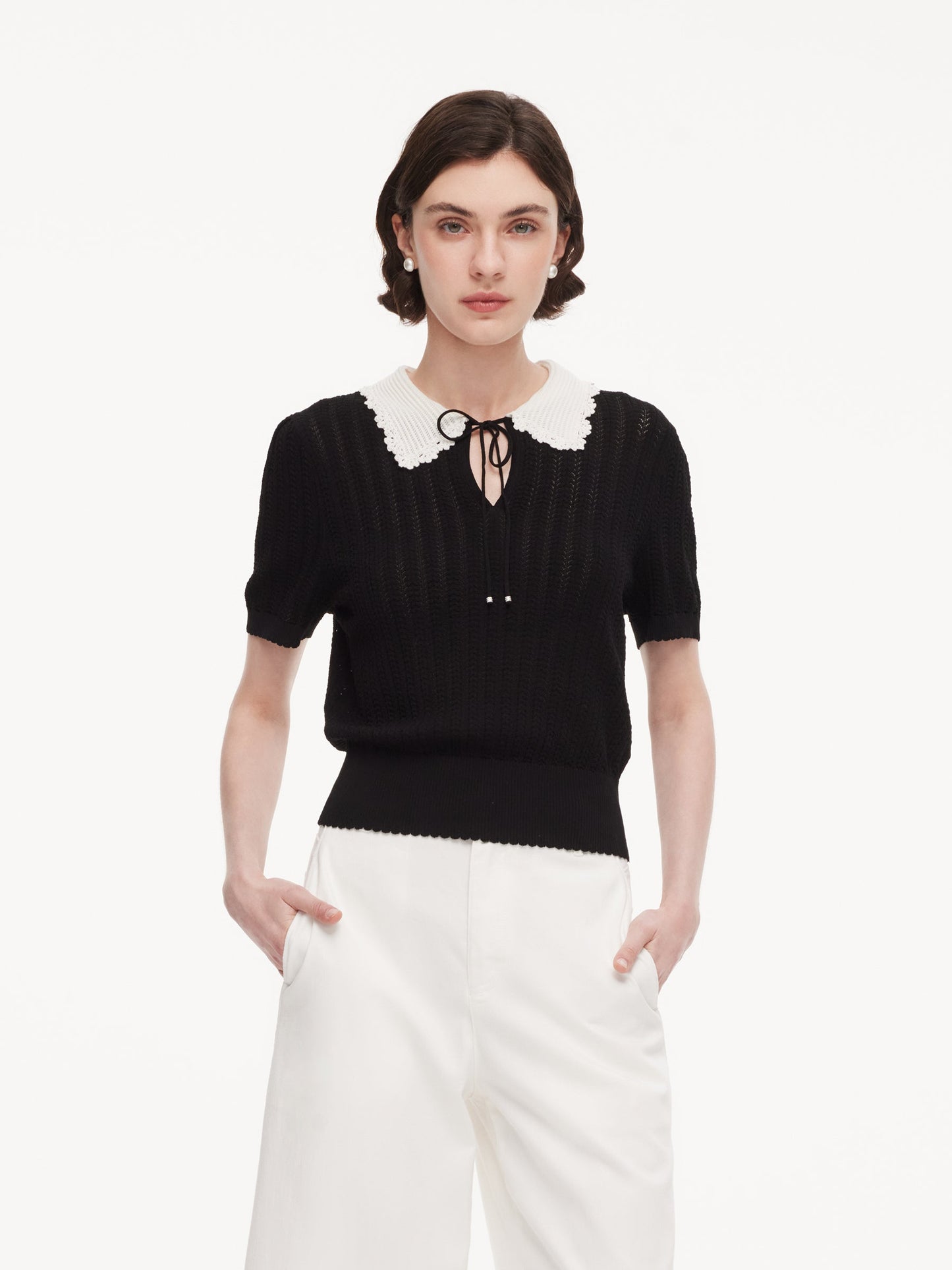Tencel Blend Color Block Tie Front Women Openwork Knit Top
