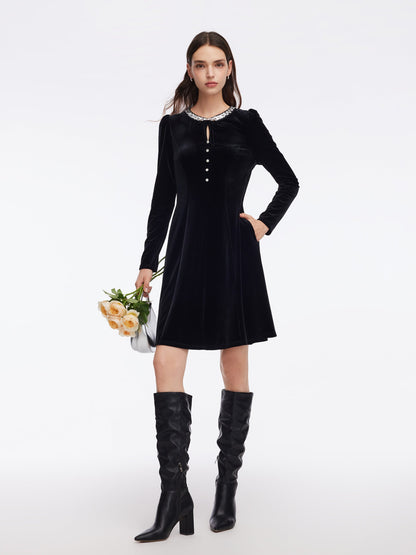 Velvet Sequined Round Neck Women Mini Dress