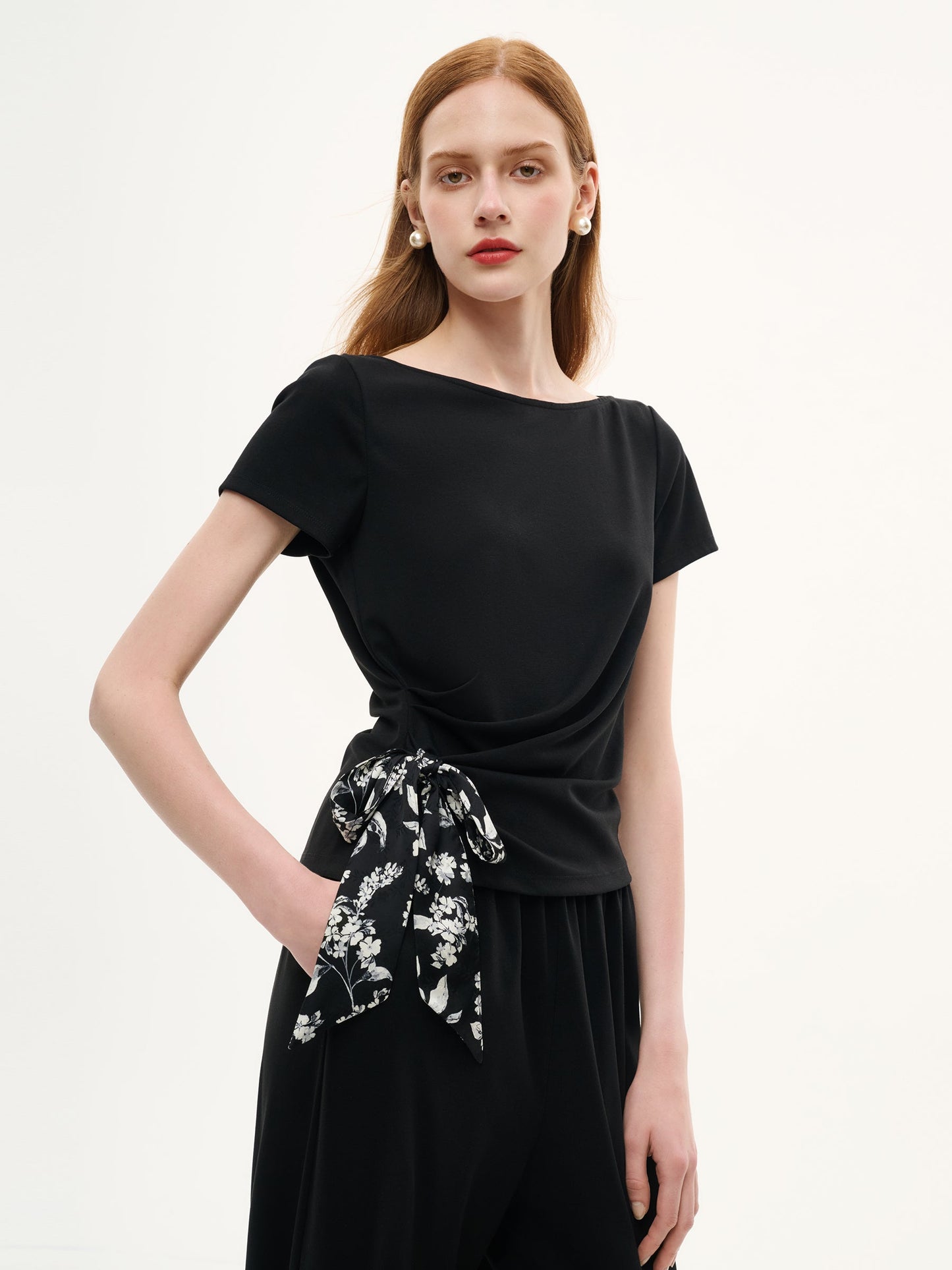 Boat Neck Side Ruched Top And Pants Two-Piece Set With Floral Print Scarf