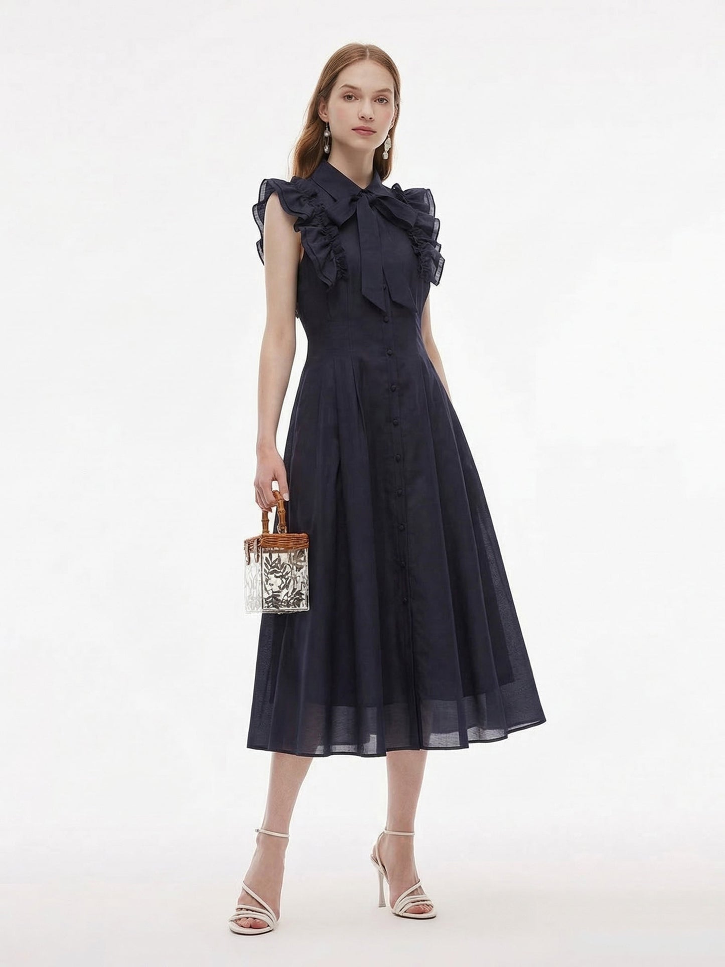 Lyocell Blend Ruffle Women Maxi Dress With Ribbon