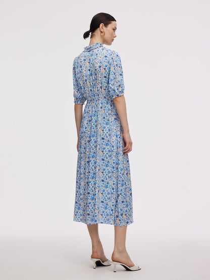 19MM Mulberry Silk Floral Print Ruffle Collar Maxi Dress