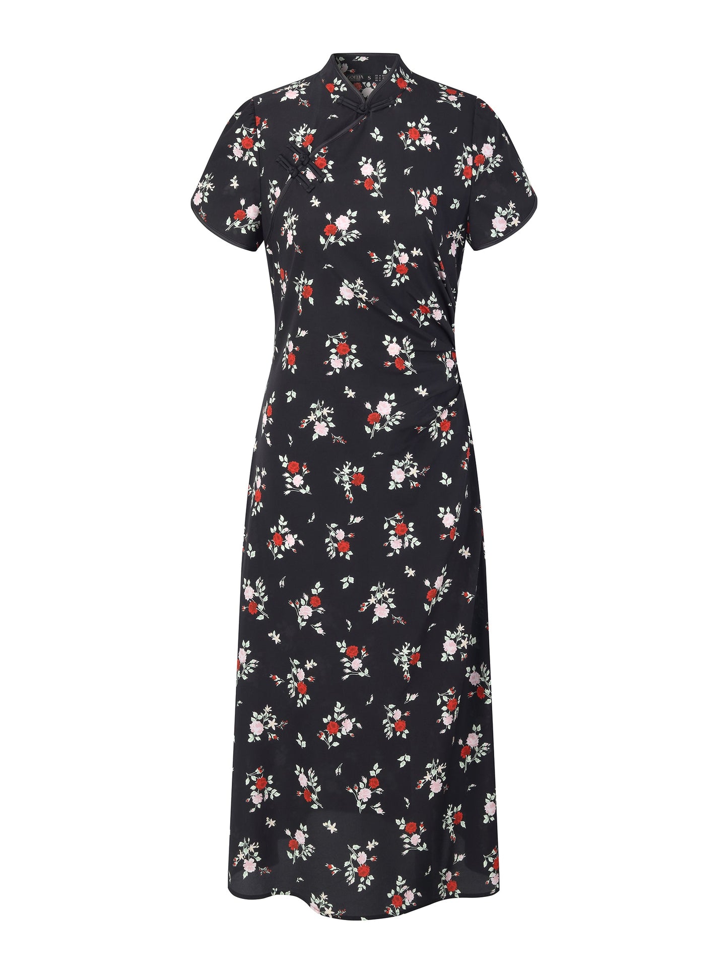 16MM Mulberry Silk Rose Print Women Qipao Midi Dress