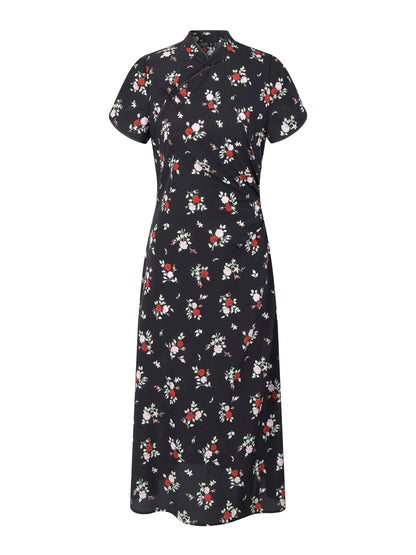 16MM Mulberry Silk Rose Print Women Qipao Midi Dress