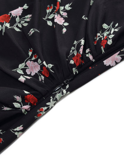 16MM Mulberry Silk Rose Print Women Qipao Midi Dress