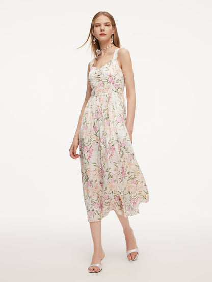 19MM Mulberry Silk Floral Print Women Maxi Dress With Ribbon