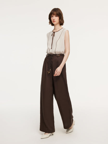 Linen Blend Women Wide Leg Pants With Tie String Belt