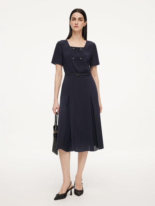 Triacetate Blend Square Neck Women Midi Dress With Belt