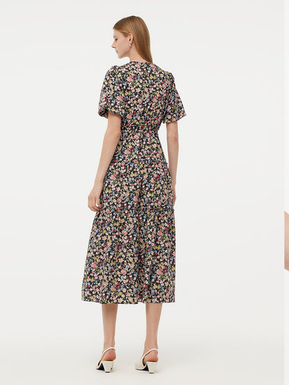 Cotton Puff Sleeve Drawstring Waist Floral Print Women Midi Dress