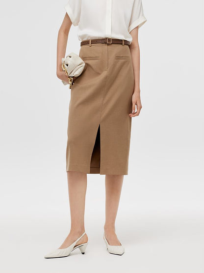 Basic Straight Slit Women Skirt With Belt