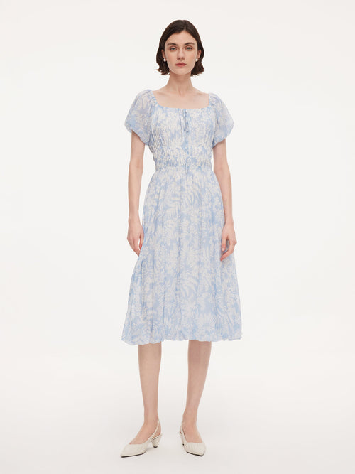 10MM Mulberry Silk Floral Print Women Bubble Hem Midi Dress With Scrunchie