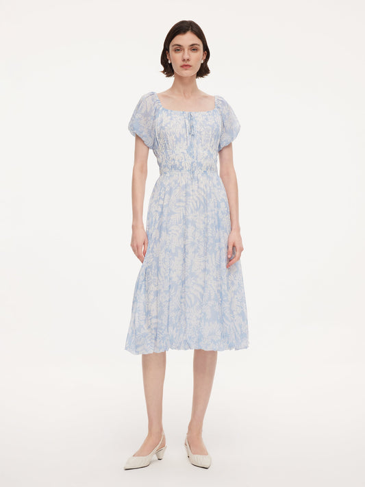 10MM Mulberry Silk Floral Print Women Bubble Hem Midi Dress With Scrunchie