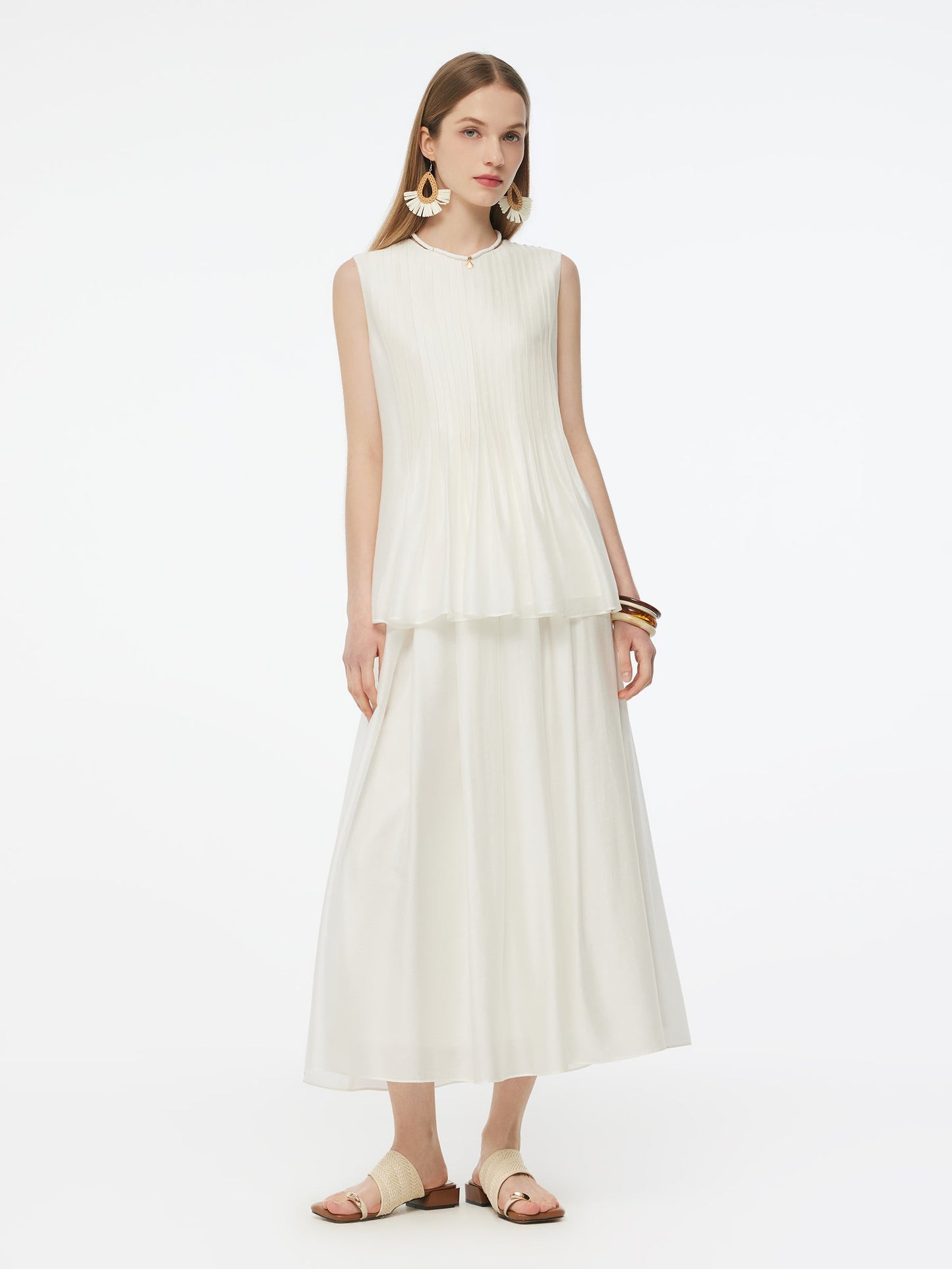 Tencel Blend Pleated Tank Top And Skirt Two-Piece Set