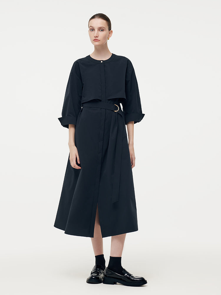 Round Neck Women Trench Maxi Dress With Belt