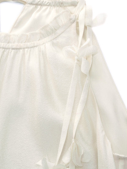 Ruffle Neckline Women Halter Maxi Dress With Floral Ribbon