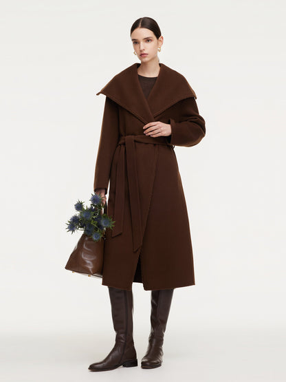 Cashmere Wool Blend Wide Collar Double-Faced Women Wrap Overcoat