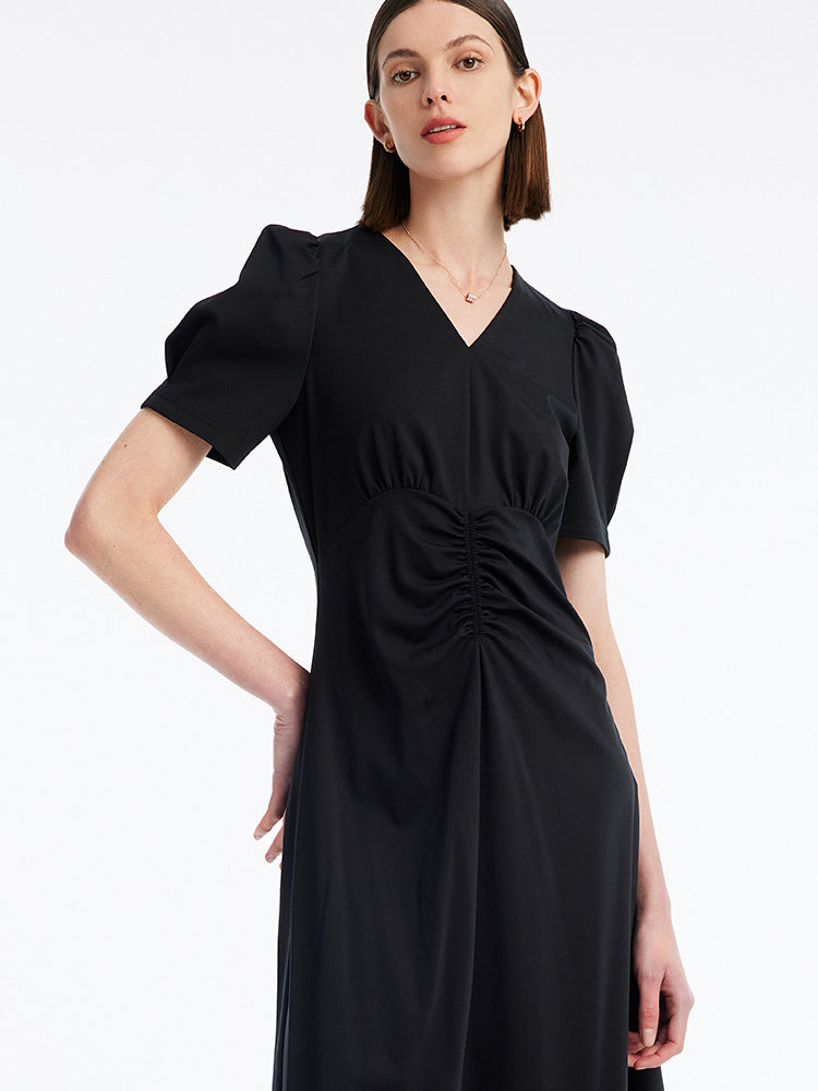 V-neck Pleated Midi Dress