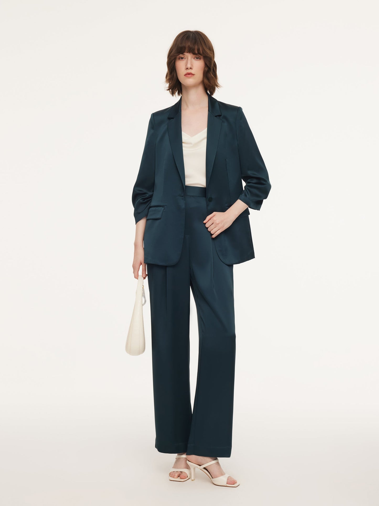 Triacetate Blend Ruched Sleeve Women Blazer