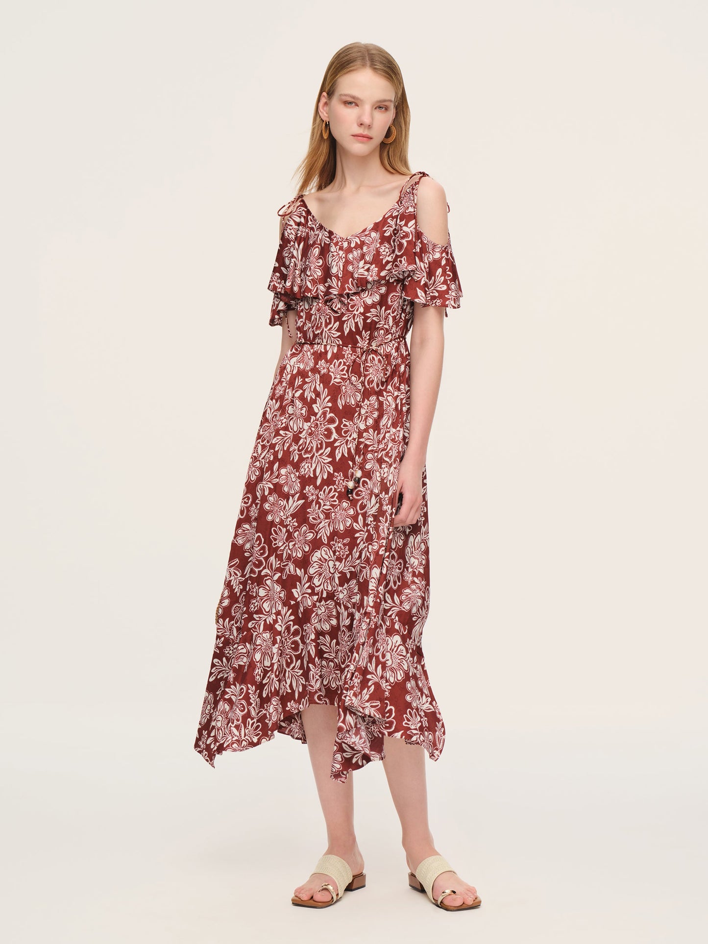 Marigold Floral Print Cold Shoulder Women Strap Maxi Dress