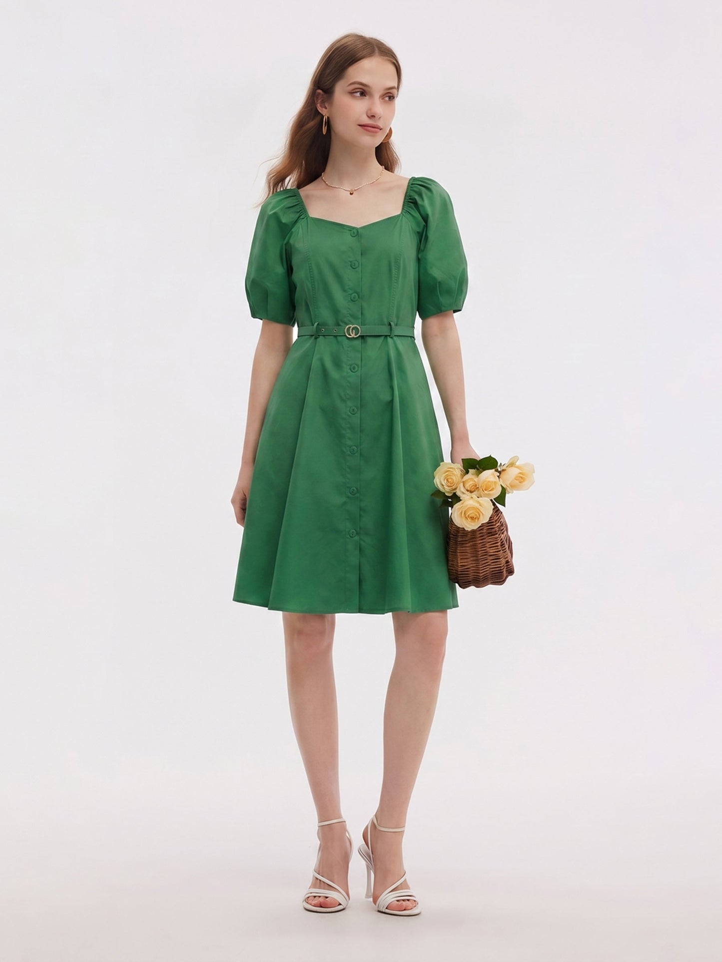 [Preview] Cotton Blend Square Neck Women Belted Midi Dress